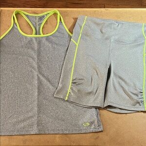 Gray and Neon Green Athletic Set. Champion top, Bebe Sport shorts. Size M
